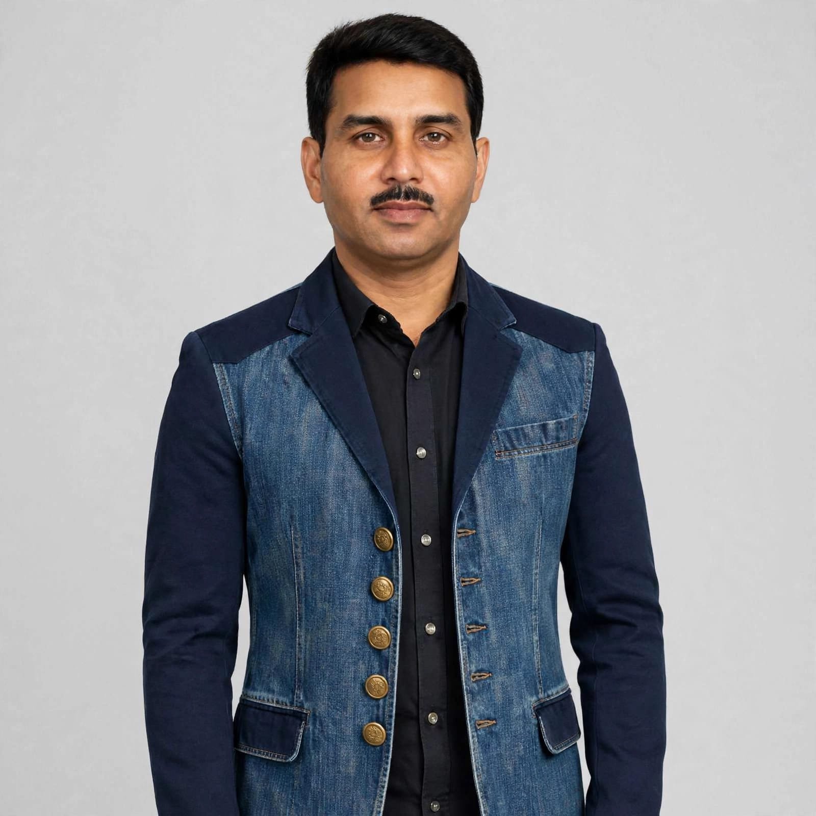 Navy Denim Suede Leather Sleeves Coat