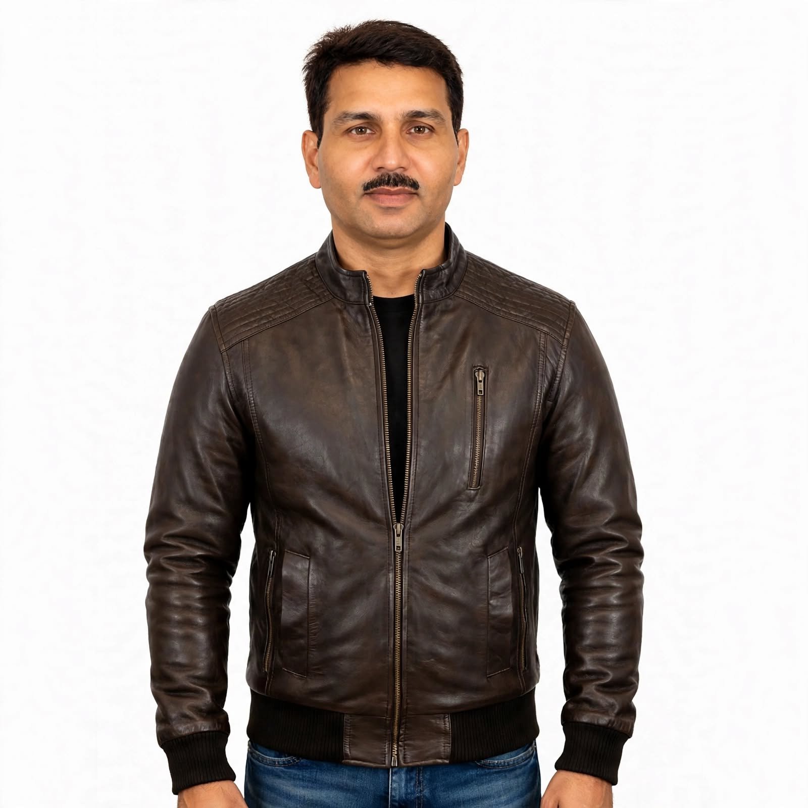 Brown Stand Collar Leather Jacket