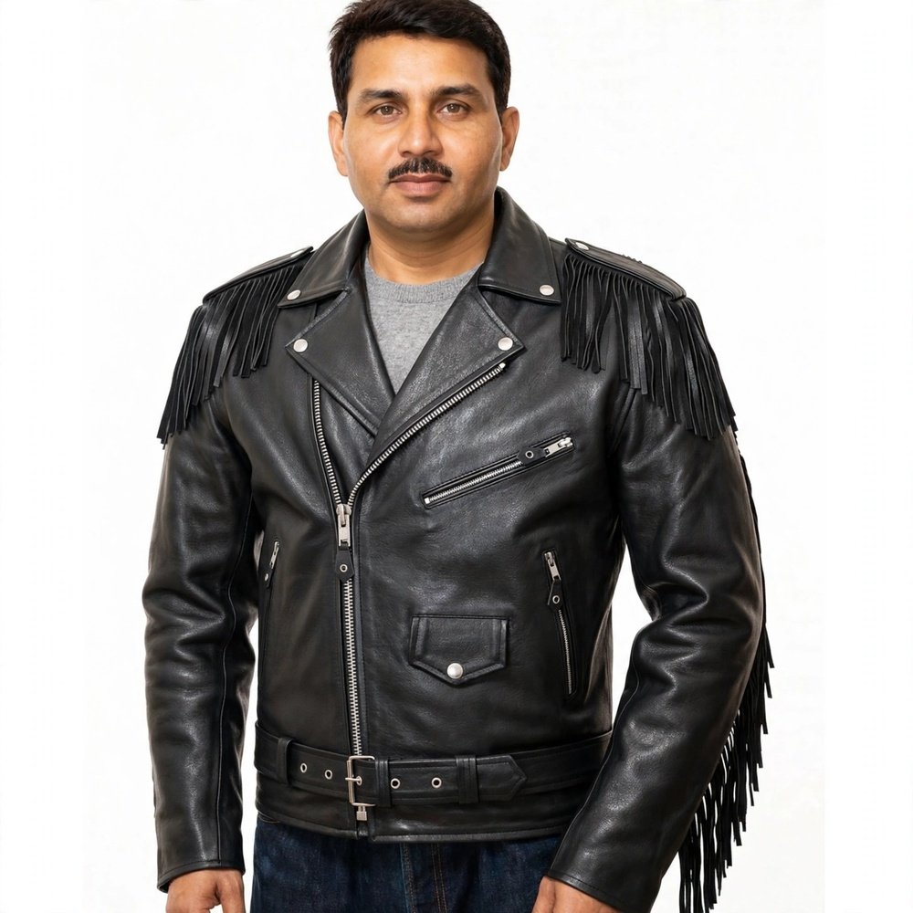 Men's Black Leather Fringe Biker Jacket