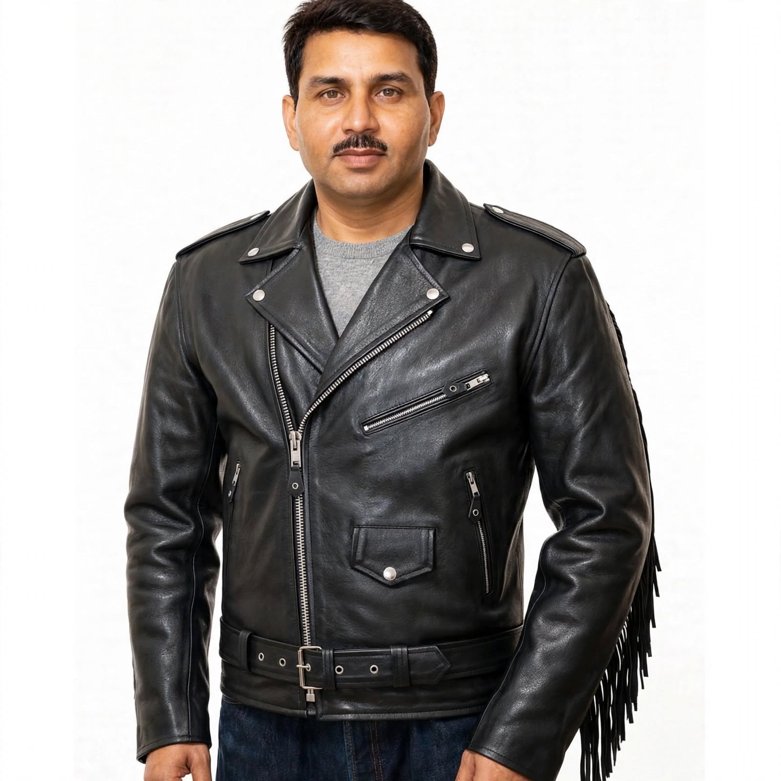 Men's Black Leather Fringe Biker Jacket