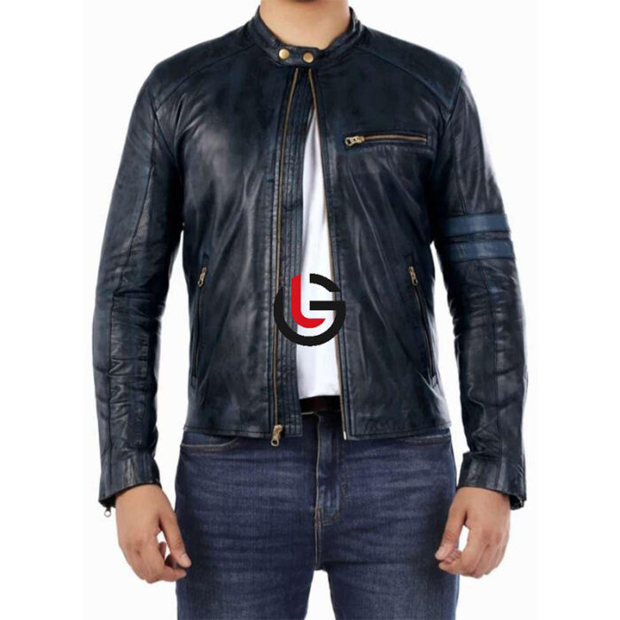 Navy Motorbike Leather Jacket