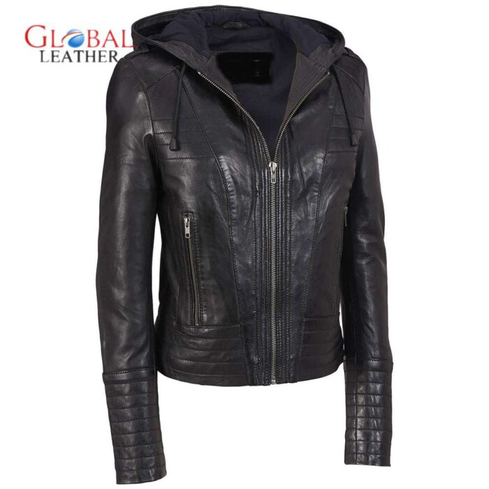 Hoodie Women Leather Jacket